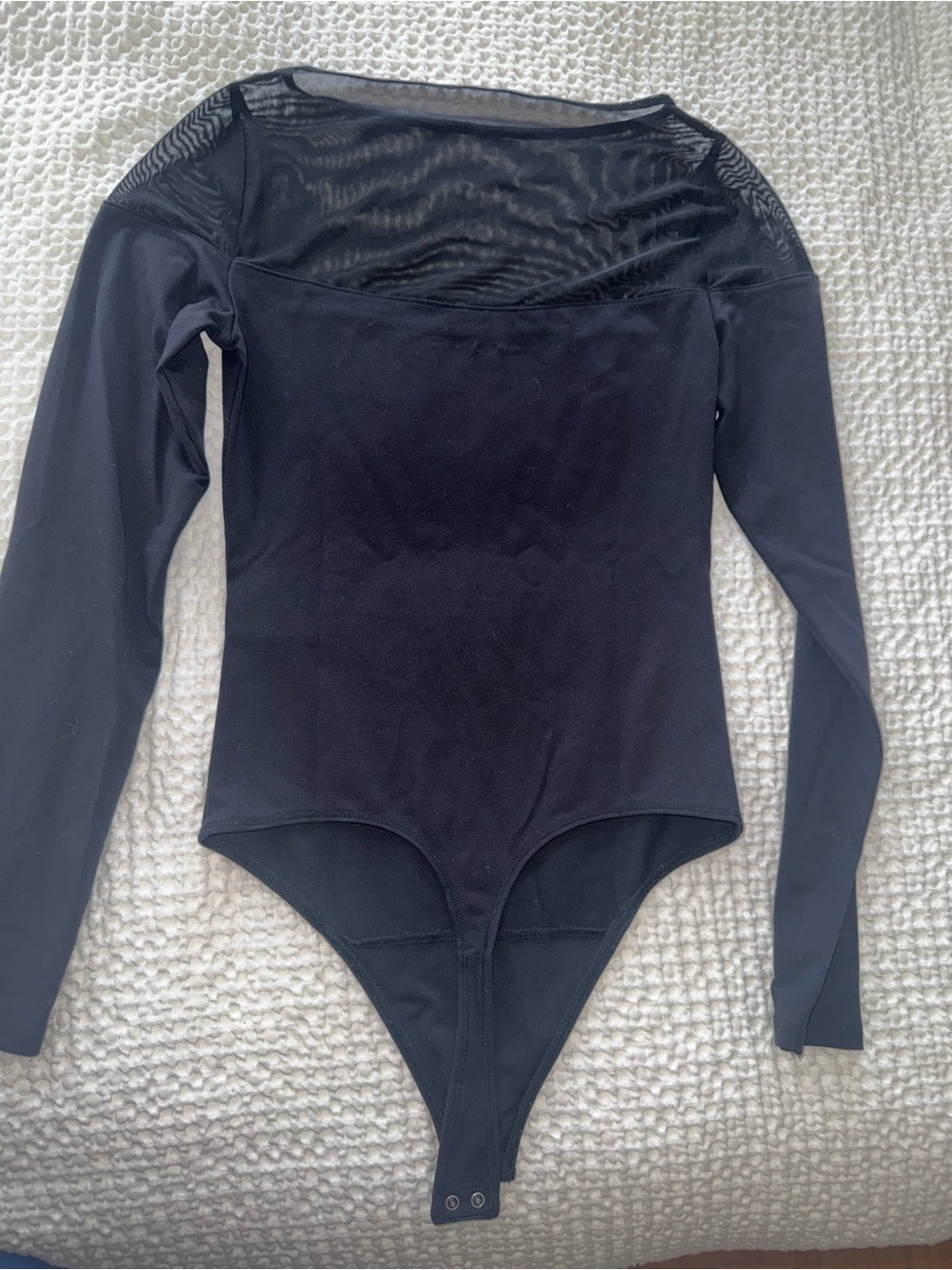 Women Long Sleeve Black Mesh Yoke One-Piece Bodysuit